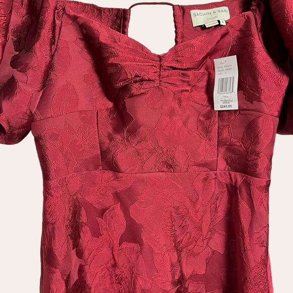 Sachin & Babi New Gabby Maroon Red Floral Jacquard Puff Sleeve Midi Dress Size 8 - Picture 7 of 14
